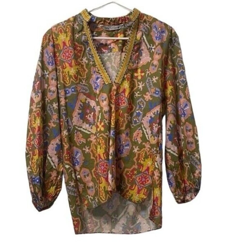 Zara Womens Size Small Long Sleeve Colorful Embroidered Tunic Shirt Peasant Boho